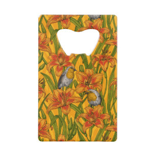 Abrebotellas De Tarjeta De Crédito Robins y flores de lirio, naranja y verde