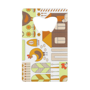 Abrebotellas De Tarjeta De Crédito Rooster, gallinas, dibujo floral geométrico.