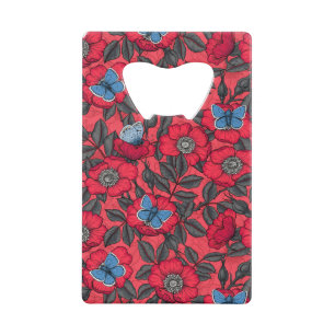 Abrebotellas De Tarjeta De Crédito Rosa de perro y mariposas en rojo y azul