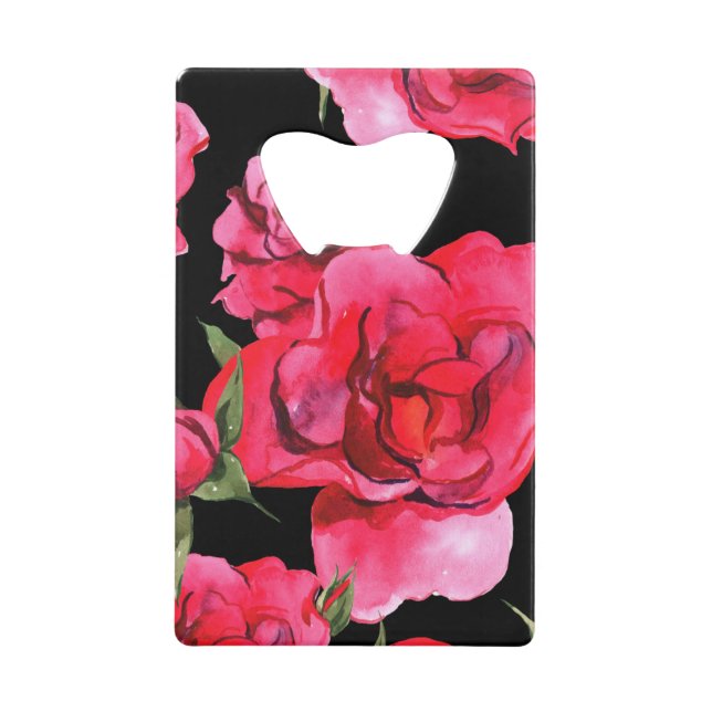 Abrebotellas De Tarjeta De Crédito Rosas de acuarela en negro (Anverso)