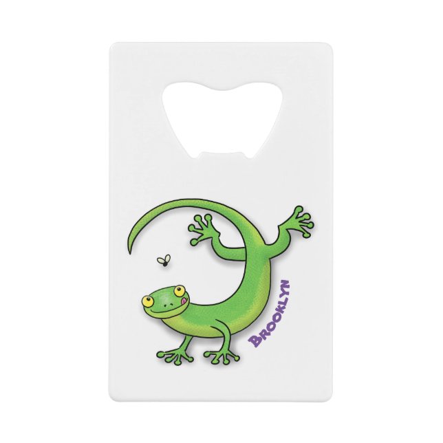 Abrebotellas De Tarjeta De Crédito Saludos felices de gecko verde lindo con personali (Anverso)