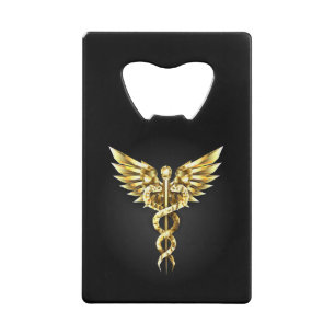 Abrebotellas De Tarjeta De Crédito Símbolo poligonal de oro Caduceus