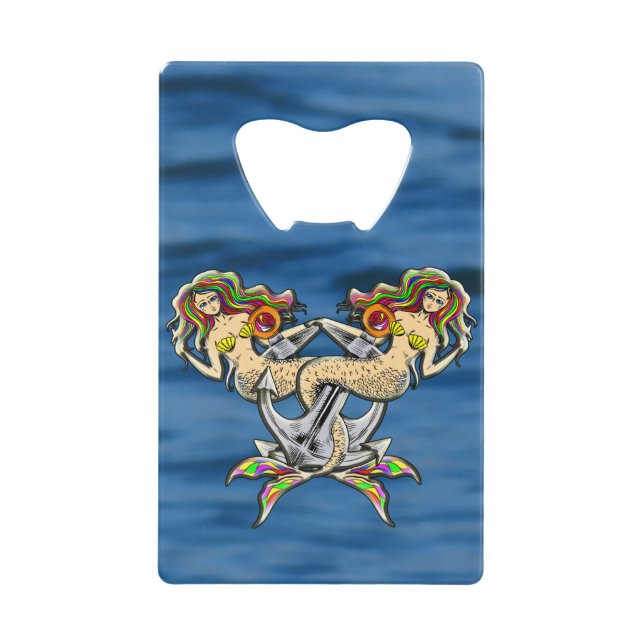 Abrebotellas De Tarjeta De Crédito Sirenas aferradas - Diseño Náutico para los amante (Anverso)