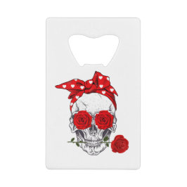 Abrebotellas De Tarjeta De Crédito Skull Valentine con rosas rojas