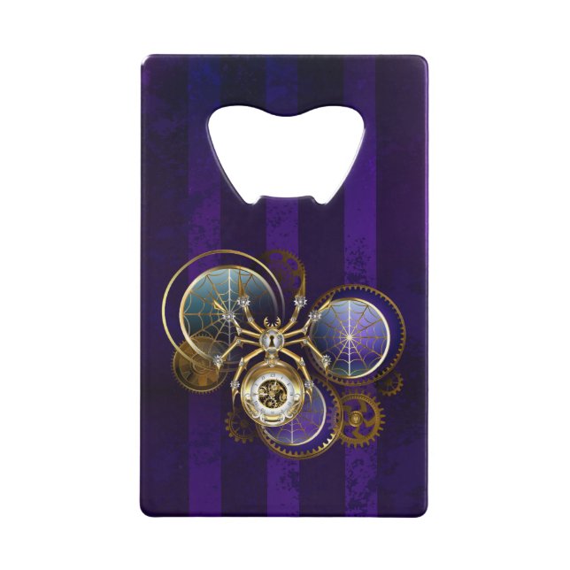 Abrebotellas De Tarjeta De Crédito Spider Steampunk sobre fondo morado (Anverso)