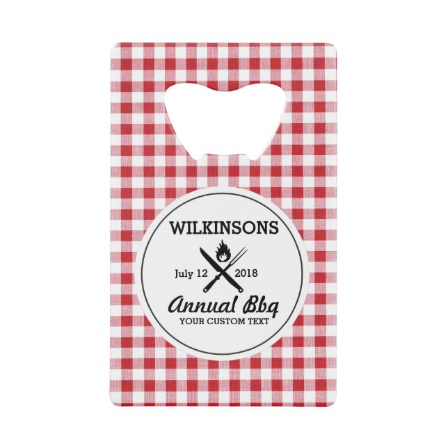 Abrebotellas De Tarjeta De Crédito Verano BBQ Grill Cookout Reunión Red Gingham Check (Anverso)