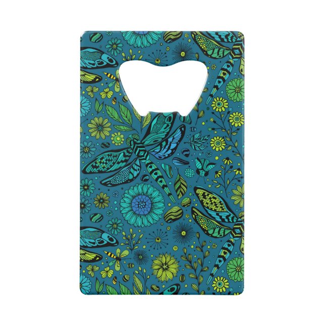 Abrebotellas De Tarjeta De Crédito Volar, volar libélula en azul (Anverso)