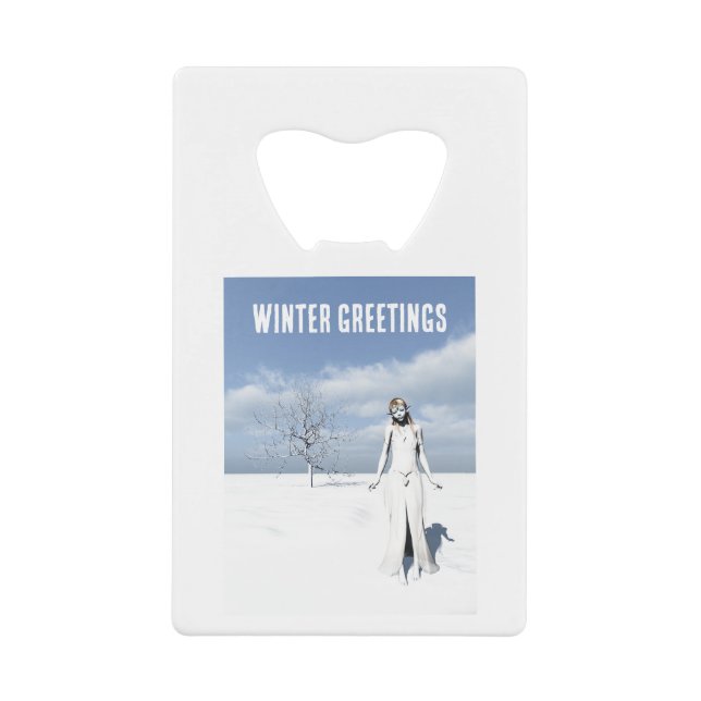 Abrebotellas De Tarjeta De Crédito Winter Greetings. Female elf walking in the snow  (Anverso)