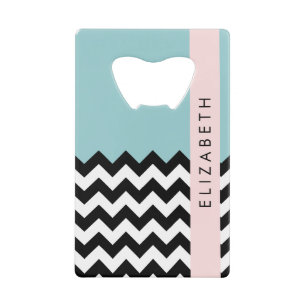 Abrebotellas De Tarjeta De Crédito Zigzag negro y blanco, chevron, azul, tu nombre