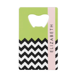 Abrebotellas De Tarjeta De Crédito Zigzag negro y blanco, chevron, verde, tu nombre