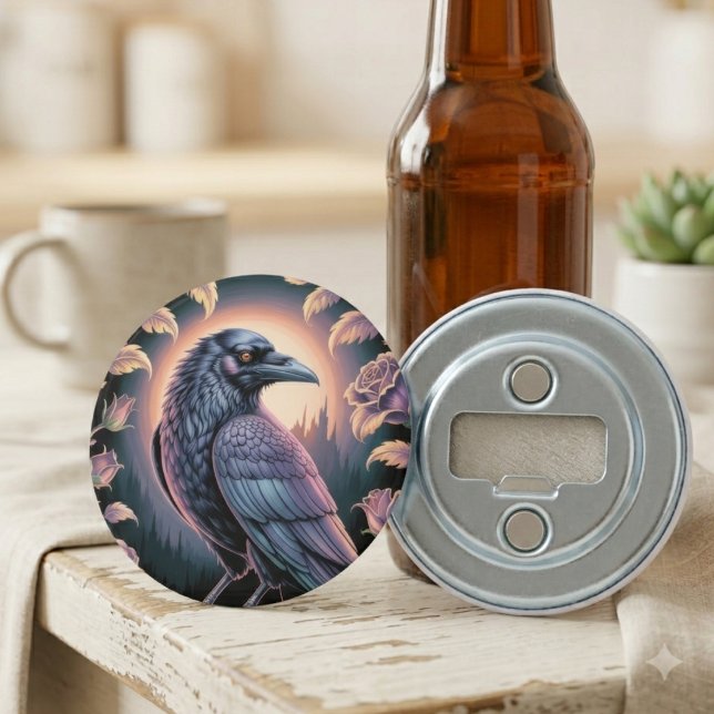 Abrebotellas Decoración de barra de hogar cuervo gótico (A gothic raven bottle opener styled on a cozy kitchen counter for a friend’s housewarming gift.)