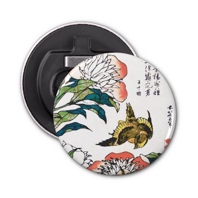 Abrebotellas Dibujo japonés vintage, Peonies y Sparrow (Anverso)