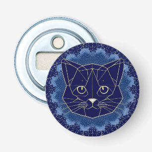 Abrebotellas Diseño de gato geométrico rodeado de estrellas dor