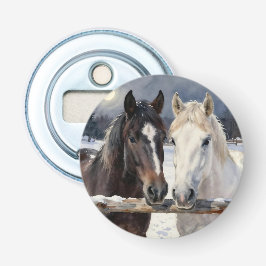 Abrebotellas Dos caballos en una granja nevada bajo la luna