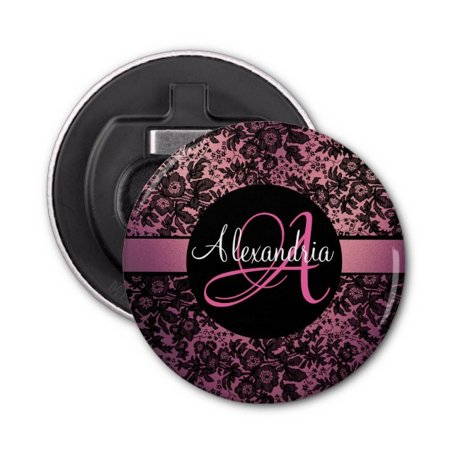 Abrebotellas Dramático monograma rosa floral negro (Anverso)