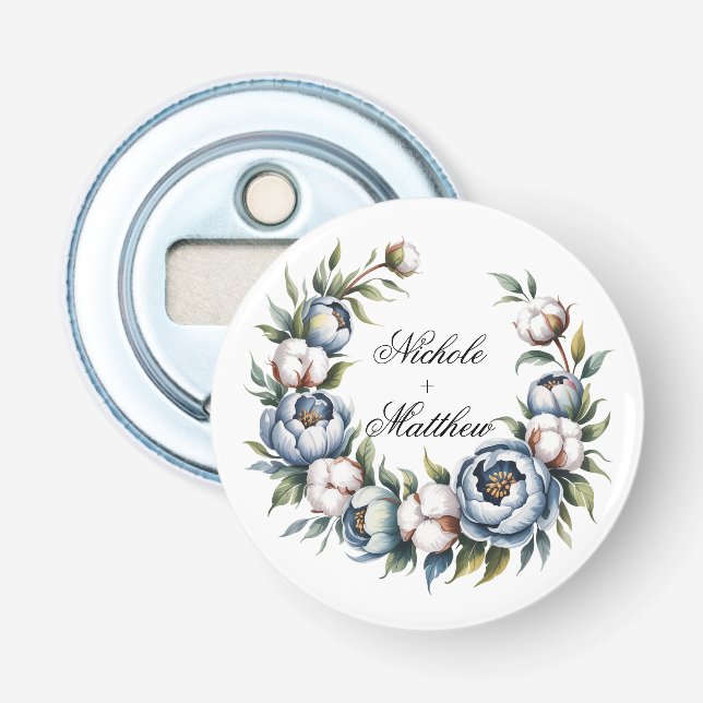 Abrebotellas Dusty Blue and Cotton Wedding Favor (Anverso)