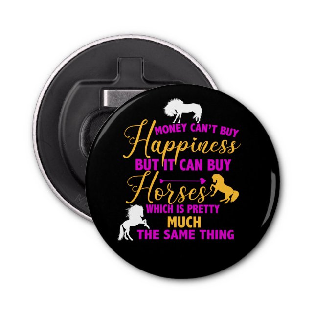 Abrebotellas El dinero puede comprar caballos morado amarillo (Anverso)