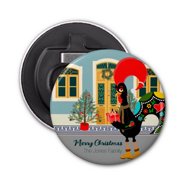 Abrebotellas El gallo portugués con un regalo de Navidad (Anverso)