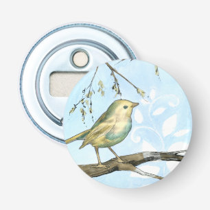 Abrebotellas El pequeño pájaro amarillo se encaramó en una r