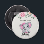 Abrebotellas Elefante de bebé rosado y Rosas Baby Shower<br><div class="desc">Abridor de botellas personalizado para la ducha de bebé / cumpleaños / o simplemente personalizado con un nombre. Diseñado con un bonito ilustracion color elefante rosa. Ella tiene unas orejas puntiagudas rosadas y blancas de polka y un arco de cinta rosada en la parte superior de su cabeza. La parte...</div>
