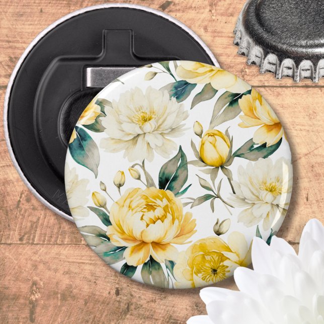 Abrebotellas Elegant Pretty Yellow and White Floral (A classic bottle opener with yellow and white chrysanthemum and peony floral design)