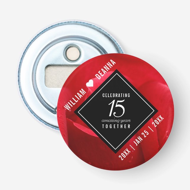 Abrebotellas Elegante celebración del 15° Rosa de aniversario d (Anverso)