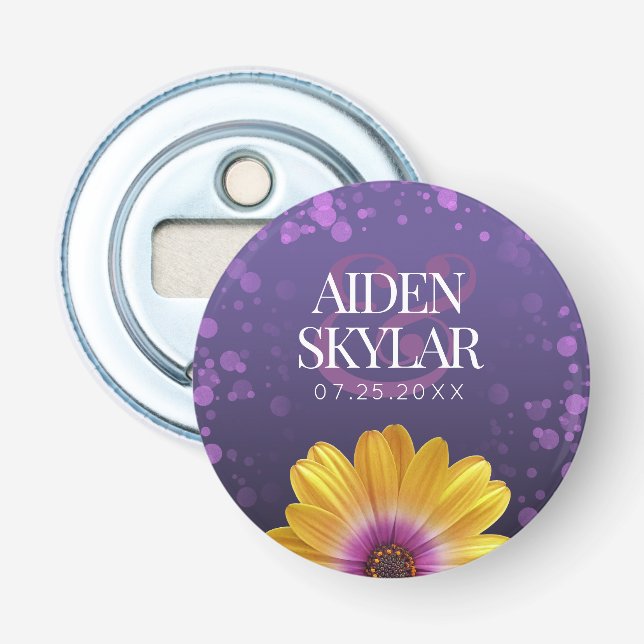 Abrebotellas Elegante Daisy Dorado con Boda Purpurina Púrpura (Anverso)
