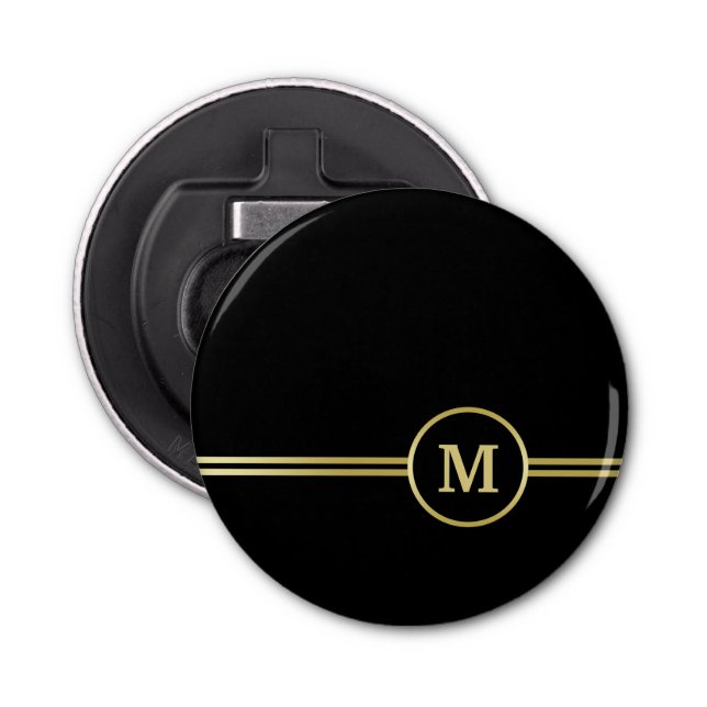 Abrebotellas Elegante oro Monograma personalizado sobre negro (Anverso)