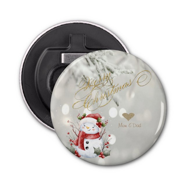 Abrebotellas Elegante Purpurina de oro Corazón Snowman (Anverso)