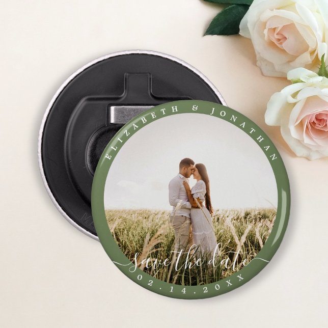 Abrebotellas Elegante Sage Green Photo Wedding Salva La Fecha (Subido por el creador)