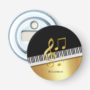 Abrebotellas Elegantes notas musicales modernas en negro y oro,
