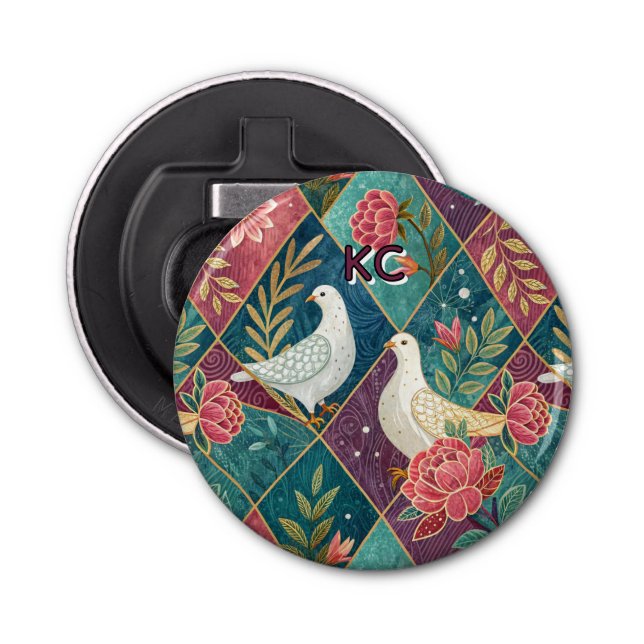 Abrebotellas Elegantes palomas blancas moradas rosadas y geomét (Anverso)