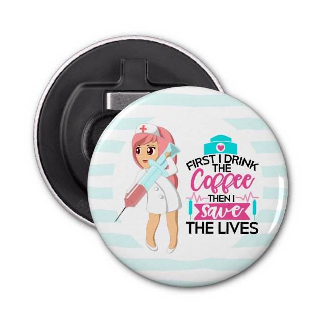 Abrebotellas Enfermera divertida diciendo con gran aguja hipodé (Anverso)