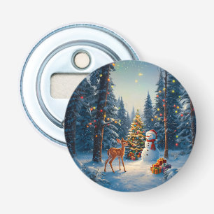 Abrebotellas Escena De Árbol De Navidad Cute Deer Fawn Snowman