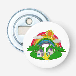 Abrebotellas Escena rural personalizado con arcoiris y casa de 