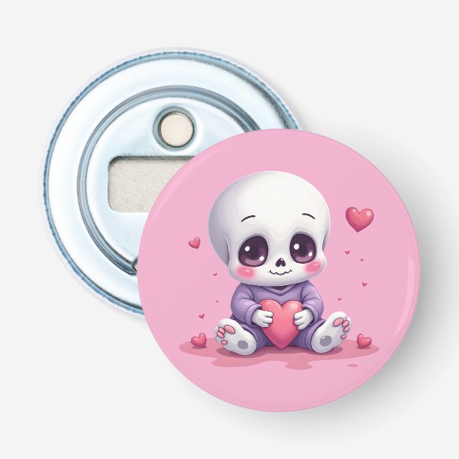Abrebotellas Esqueleto Kawaii Sosteniendo Corazón (Anverso)
