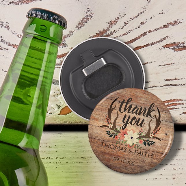 Abrebotellas Estampa Floral de Grano de Madera Rústica de Cuern (Rustic Wood Grain Floral Antler Wedding Thank You Bottle Opener)
