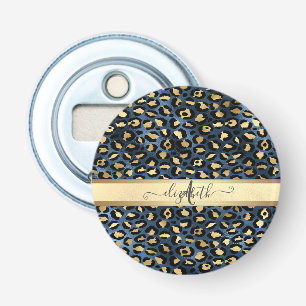 Abrebotellas Estampado de Leopardo Azul Monograma Dorado