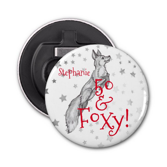 Abrebotellas Fabuloso Foxy 50 cumpleaños Black White Fox (Anverso)
