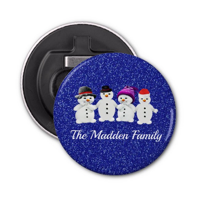 Abrebotellas Family of Four Snowmen Blue Sparkle Winter   (Anverso)