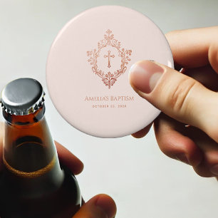 Abrebotellas Favor de Bautizo de Niña Rosa Elegante con Cresta