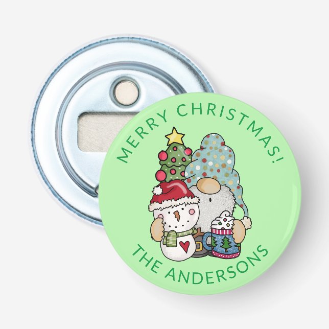 Abrebotellas Favor de Navidad Gnome Muñeco de Nieve (Anverso)