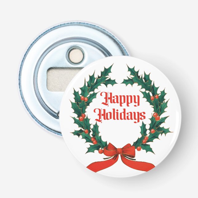 Abrebotellas Felices vacaciones Vintage Holly Navidades Wreath (Anverso)