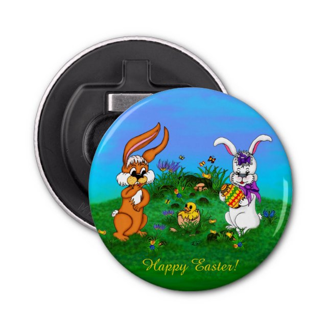 Abrebotellas ¡Feliz Pascua! Conejo con conejo y pollo (Anverso)