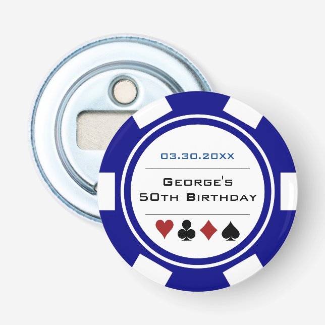 Abrebotellas Ficha de póquer de cumpleaños tema casino azul mar (Anverso)