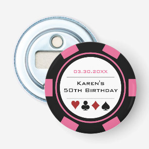 Abrebotellas Ficha de póquer de cumpleaños tema casino rosa neg