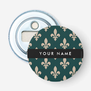 Abrebotellas Fleur de Lis, beige sobre verde, real, tu nombre
