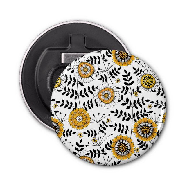 Abrebotellas Flores y hojas de perro en amarillo y negro (Anverso)