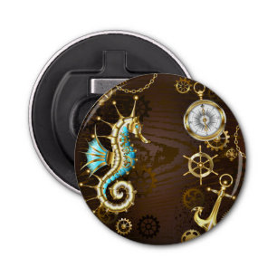 Abrebotellas Fondo de madera con caballito de mar mecánico