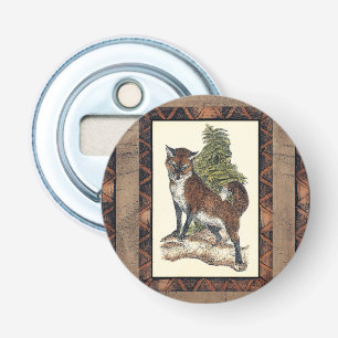 Abrebotellas Fox rústico que camina en un tronco de árbol